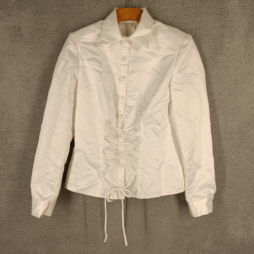 Kelly Blue Corset Blouse White Small Button Down Long Sleeve Top Made in USA S